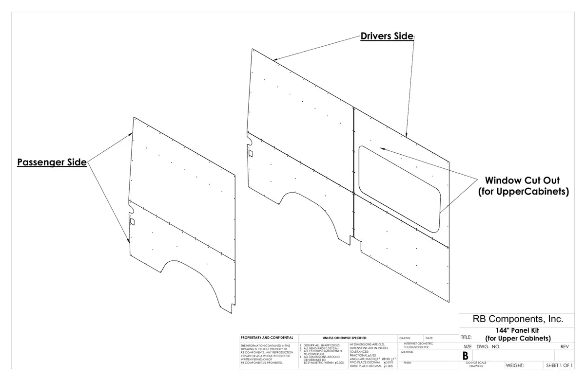 07-18 Sprinter Van Wall Liner Kit, 144" High Roof, Plywood (For Upper Cabinets) 1