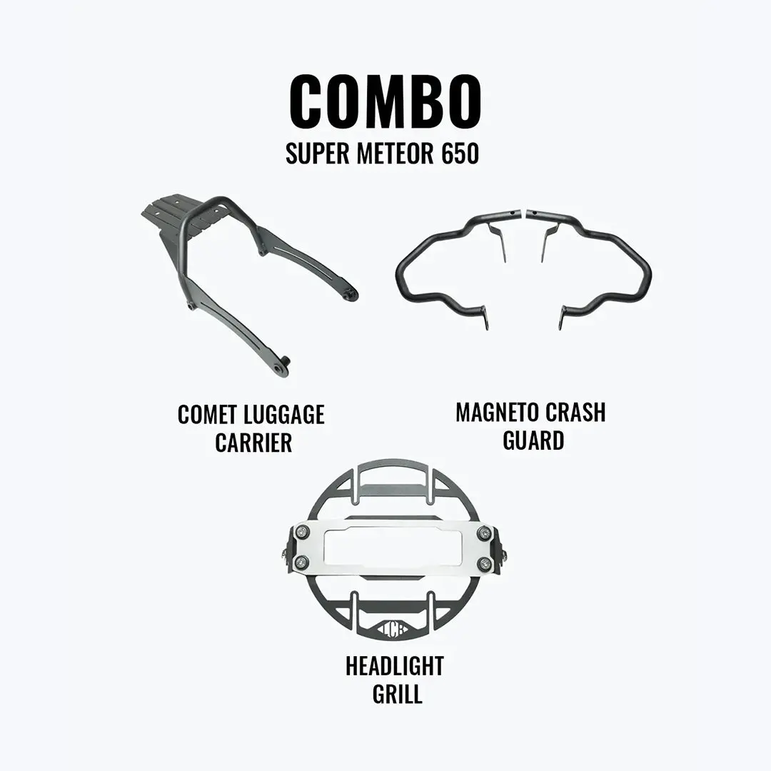 Legundary Super Meteor 650 Combo Cosmic Headlight Grill,  Magneto Crash Guard & Comet Luggage Carrier 1