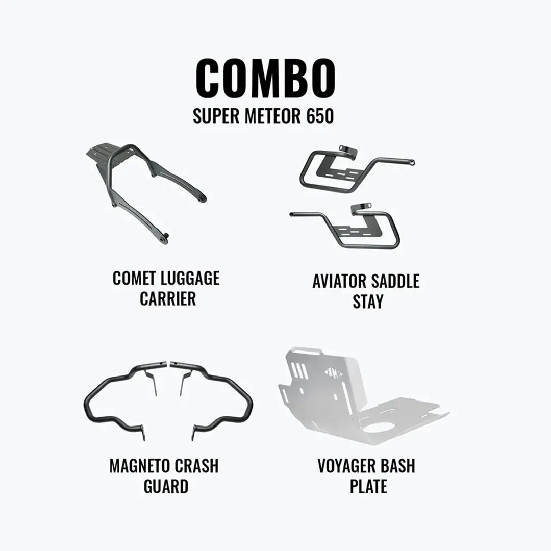 Legundary Super Meteor 650 Mega Combo Magneto Crash Guard, Aviator Saddle Stay, Voyager Bash Plate & Comet Luggage Carrier 1