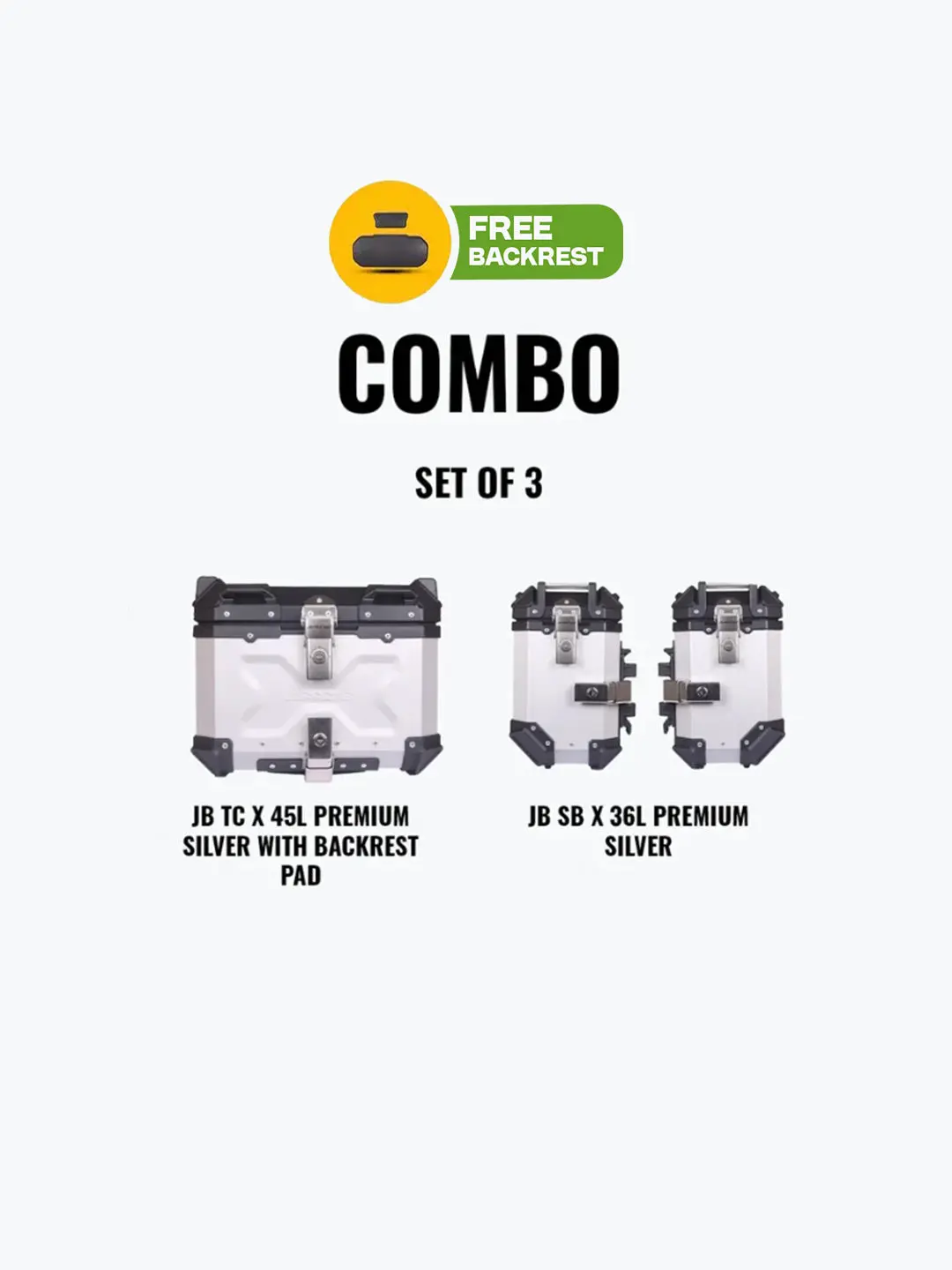 Jb Racing Set Of 3 Combo Of Jb Top Case 45L Silver Premium With Backrest Pad + Jb Side Box X 36L Premium Silver 1