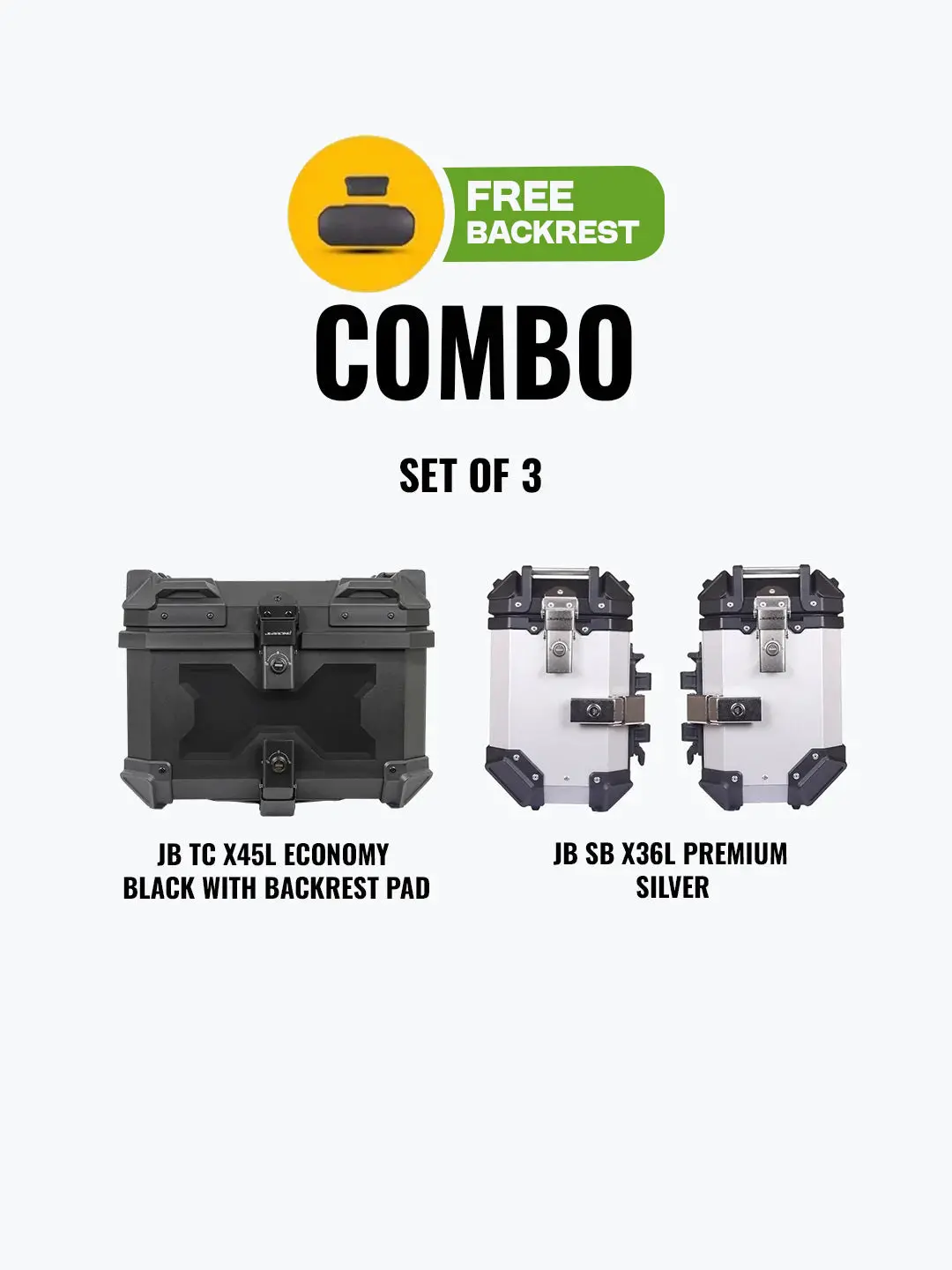 Set Of 3 Combo Of Jb Top Case X45l Economy Black With Backrest Pad + Jb Side Box X 36L Premium Silver 1