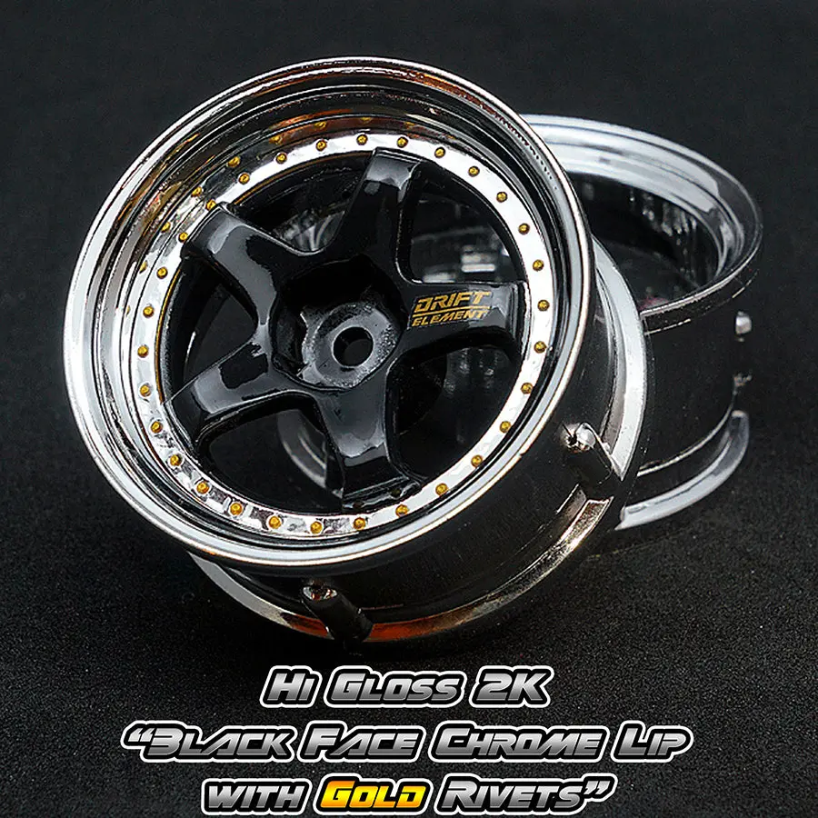 De 5 Spoke Wheel Set - Hi Gloss 2K Black/Chrome W/ Gold Rivets 1