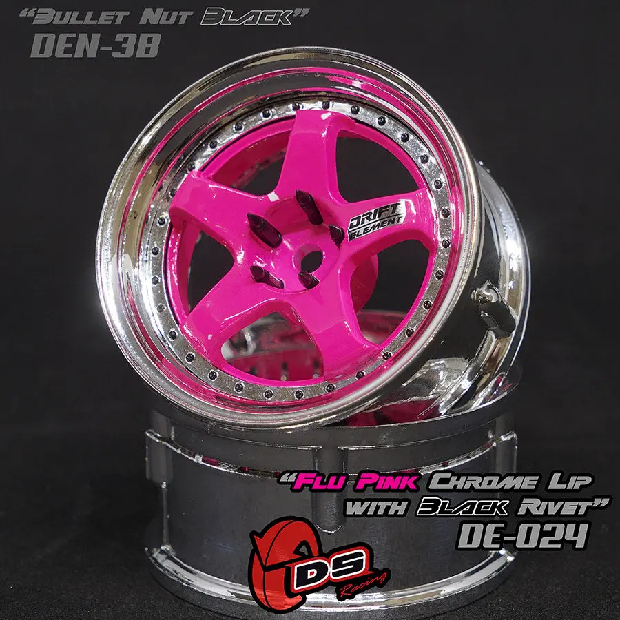 De 5 Spoke Wheel Set - Flu Pink/Chrome Lip W/ Black Rivets 1