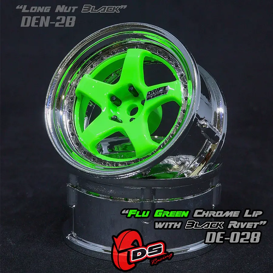 De 5 Spoke Wheel Set - Flu Green/Chrome Lip W/ Black Rivets 1
