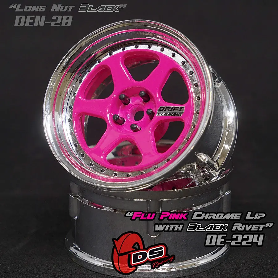 De 6 Spoke Wheel Set - Flu Pink/Chrome Lip W/ Black Rivets 1