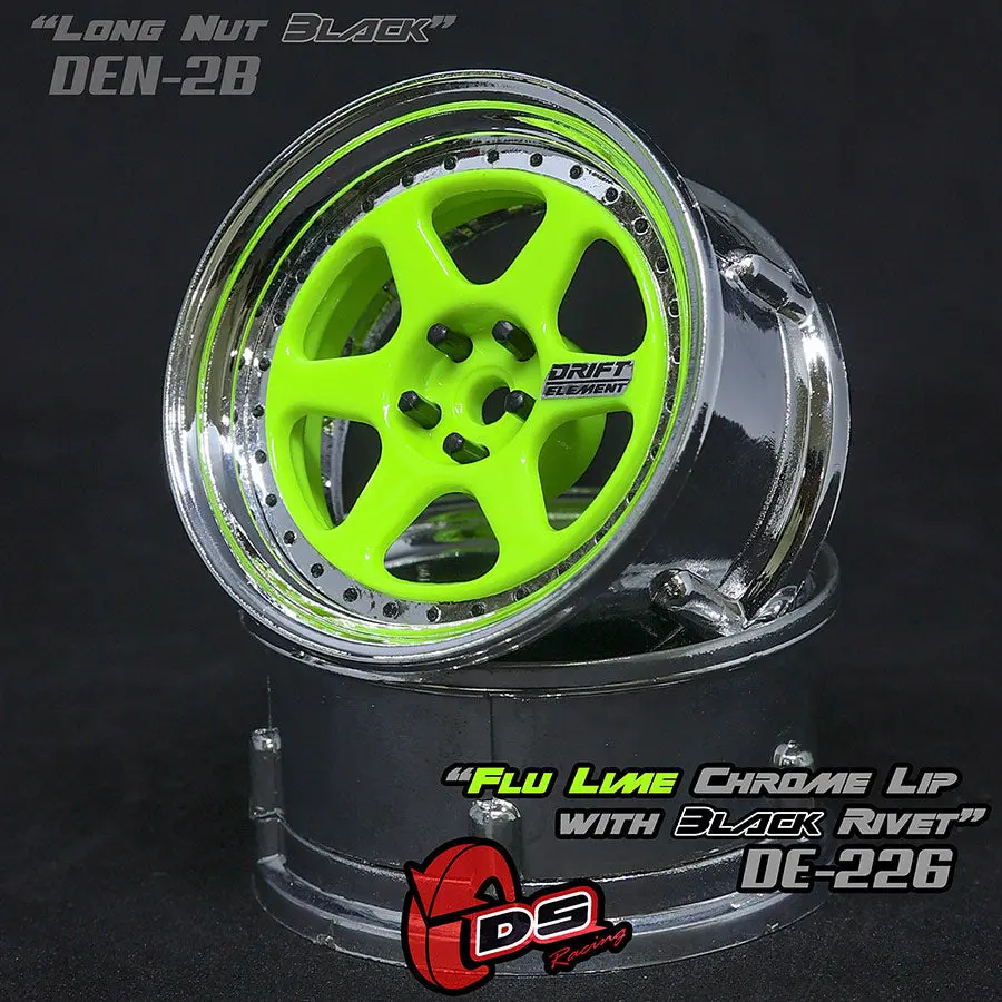 De 6 Spoke Wheel Set - Flu Lime/Chrome Lip W/ Black Rivets 1