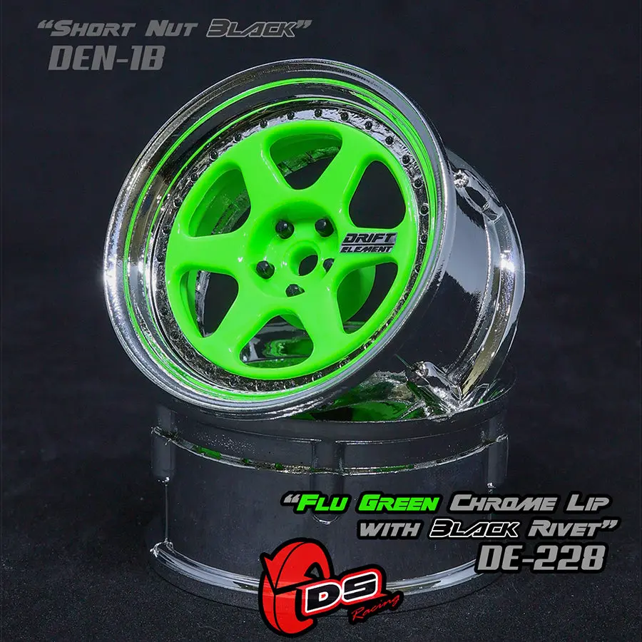 De 6 Spoke Wheel Set - Flu Green/Chrome Lip W/ Black Rivets 1