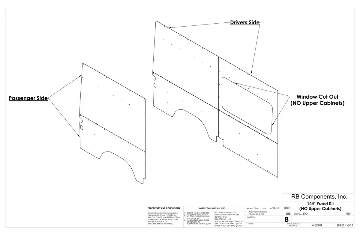 2019+ Sprinter Van Wall Liner Kit, 144" High Roof, Plywood (For No Upper Cabinets) 1